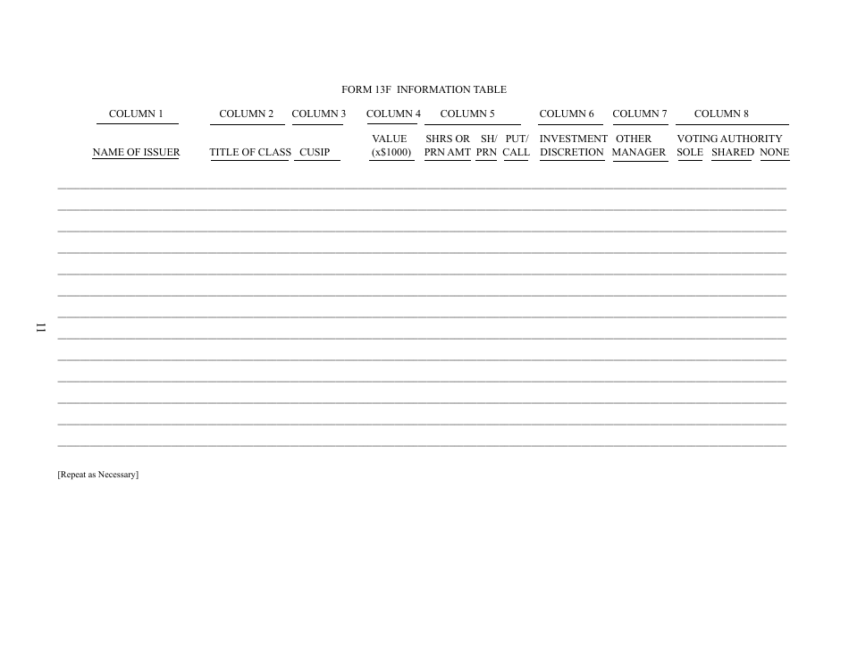 Form 13F (SEC Form 1685) Information Required of Institutional Investment Managers Pursuant to Section 13(F) of the Securities Exchange Act of 1934 and Rules Thereunder, Page 11