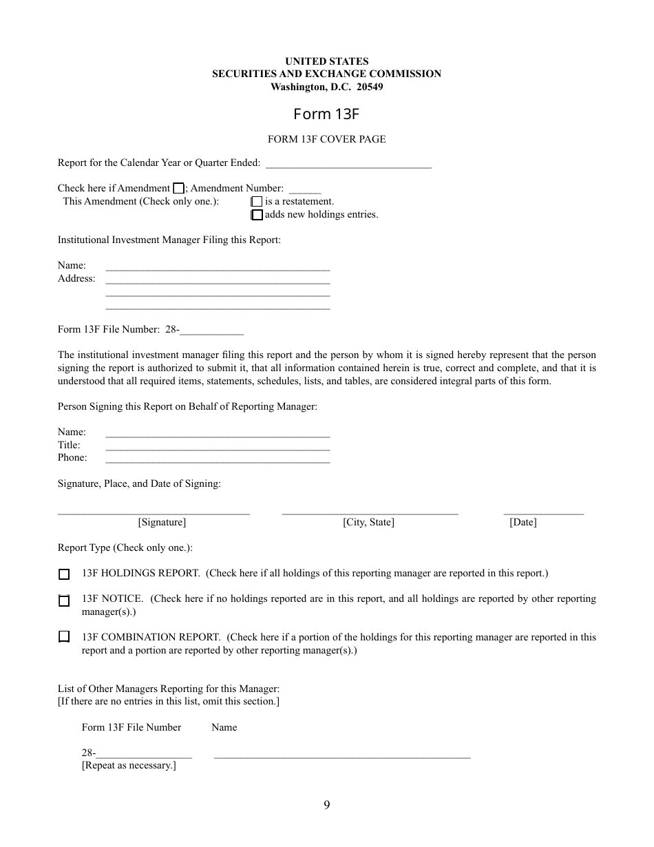 Form 13F (SEC Form 1685) Information Required of Institutional Investment Managers Pursuant to Section 13(F) of the Securities Exchange Act of 1934 and Rules Thereunder, Page 9