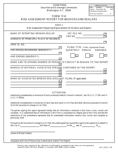 Form 17-H (SEC Form 2332)  Printable Pdf