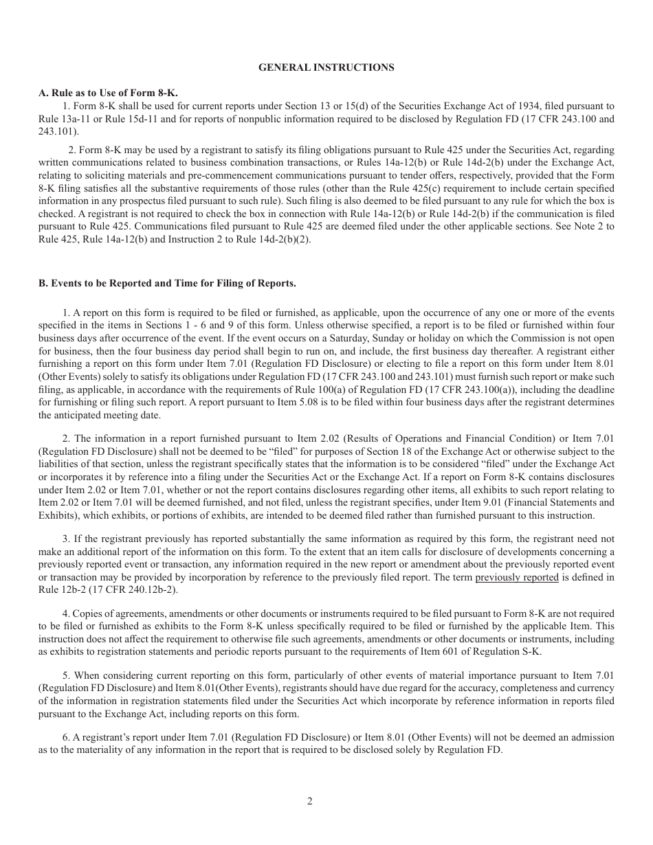 SEC Form 873 (8-K) Current Report Pursuant to Section 13 or 15(D) of the Securities Exchange Act of 1934, Page 2