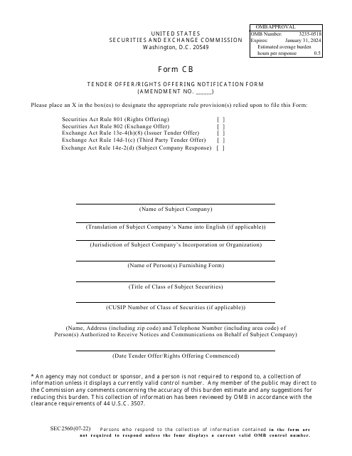 SEC Form 2560 (CB)  Printable Pdf