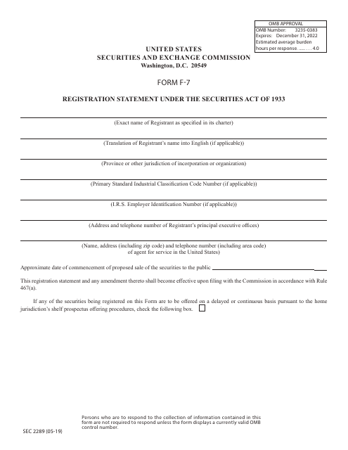Form F-7 (SEC Form 2289)  Printable Pdf