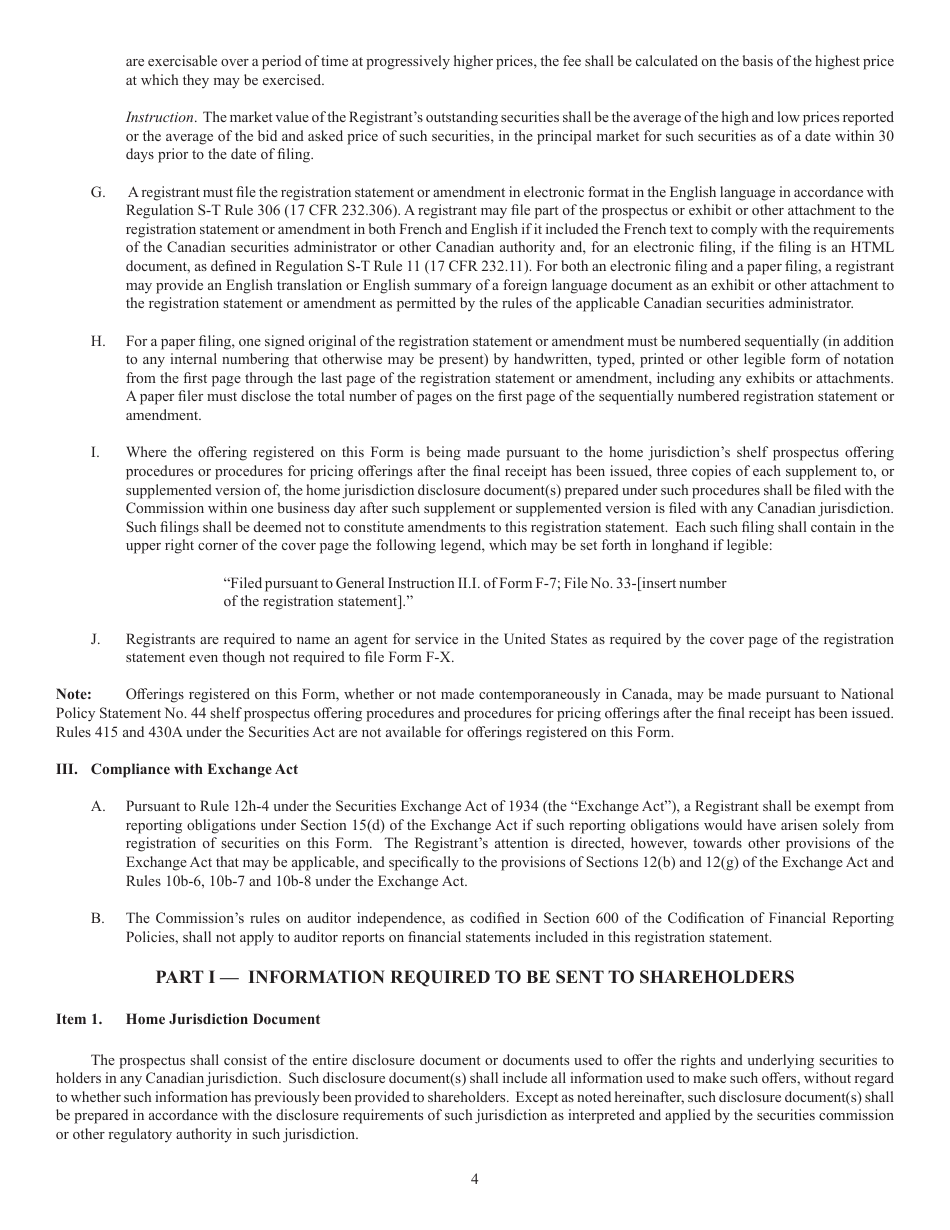 Form F-7 (SEC Form 2289) Registration Statement Under the Securities Act of 1933 for Securities of Certain Canadian Issuers Offered for Cash Upon the Exercise of Rights Granted to Existing Security Holders, Page 4