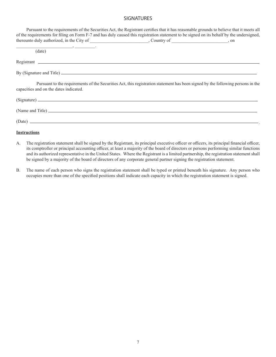Form F-7 (SEC Form 2289) Registration Statement Under the Securities Act of 1933 for Securities of Certain Canadian Issuers Offered for Cash Upon the Exercise of Rights Granted to Existing Security Holders, Page 7