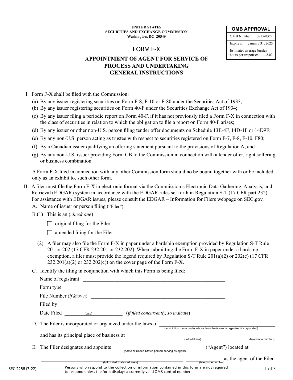 Form F-X (SEC Form 2288) Appointment of Agent for Service of Process and Undertaking, Page 1