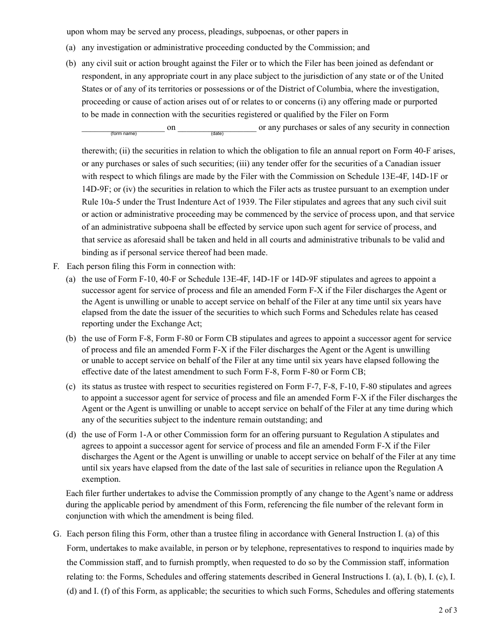 Form F-X (SEC Form 2288) Download Printable PDF or Fill Online ...