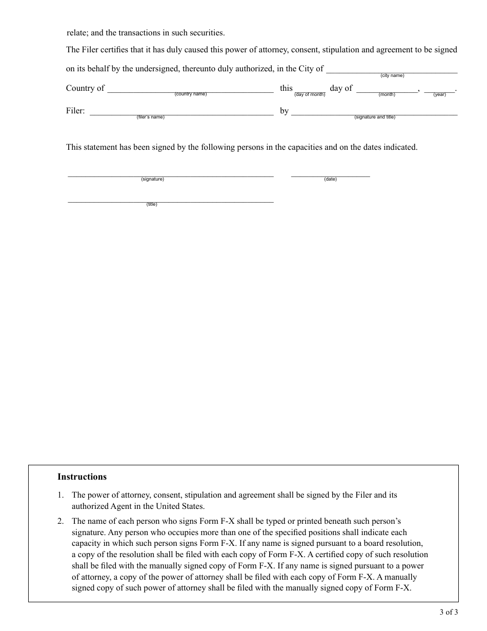 Form F-X (SEC Form 2288) Appointment of Agent for Service of Process and Undertaking, Page 3