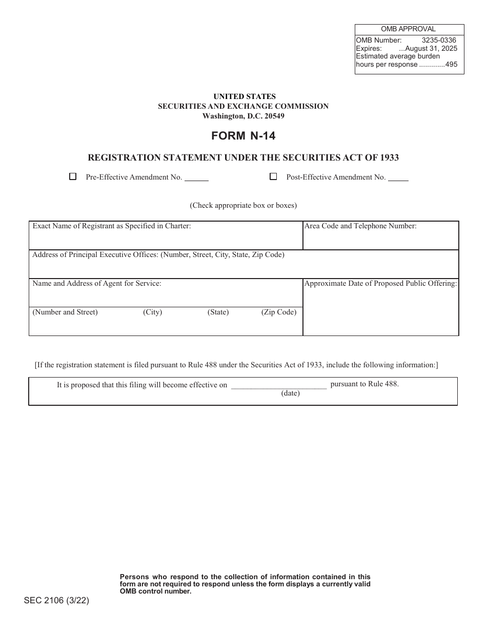 Form N-14 (SEC Form 2106) Registration Statement Under the Securities Act of 1933, Page 2