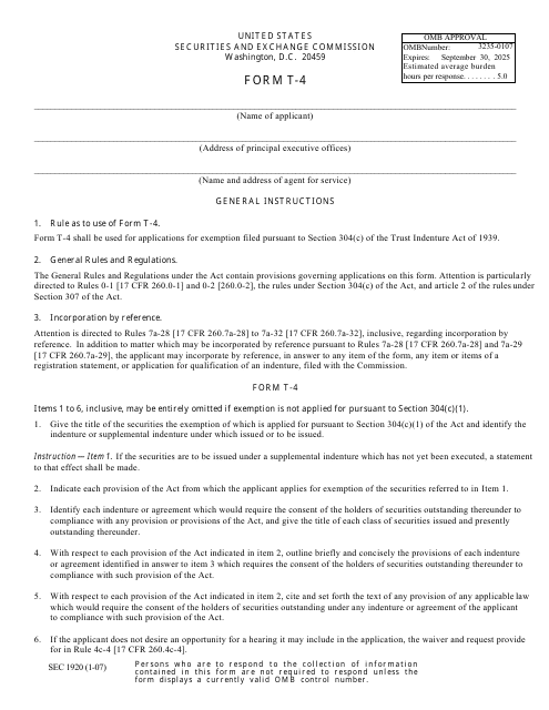 Form T-4 (SEC Form 1920)  Printable Pdf