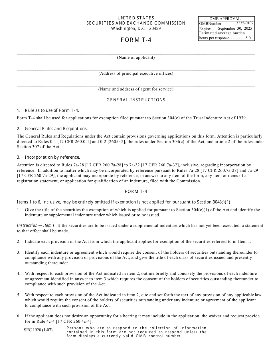 Form T-4 (SEC Form 1920) Application for Exemption Filed Pursuant to Section 304(C) of the Trust Indenture Act of 1939, Page 1