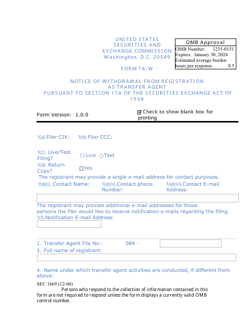 Form TA-W (SEC Form 1669)  Printable Pdf