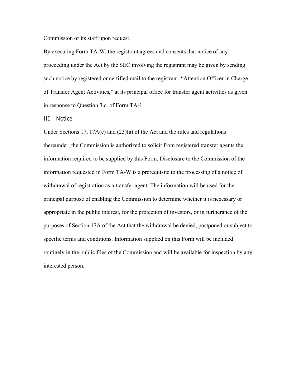 Form TA-W (SEC Form 1669) Notice of Withdrawal From Registration as Transfer Agent Pursuant to Section 17a of the Securities Exchange Act of 1934, Page 11
