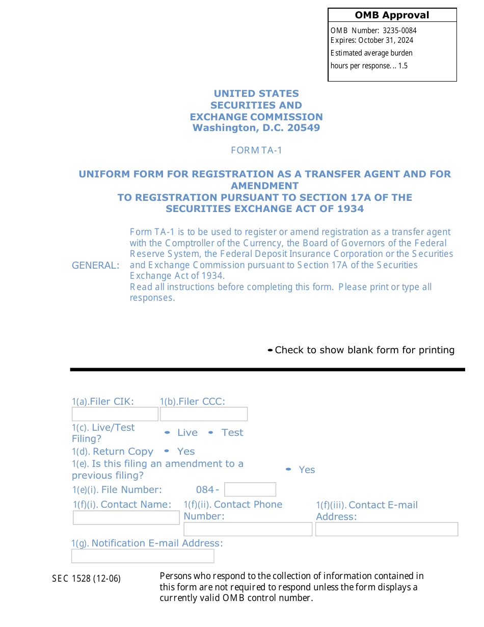 Form TA-1 (SEC Form 1528) Uniform Form for Registration as a Transfer Agent and for Amendment to Registration Pursuant to Section 17a of the Securities Exchange Act of 1934, Page 1
