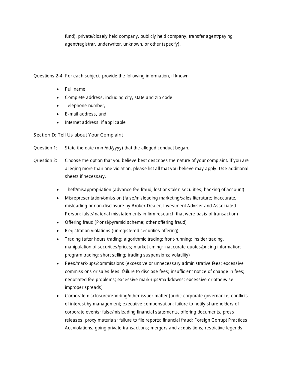 Form TCR (SEC Form 2850) Tip, Complaint or Referral, Page 10