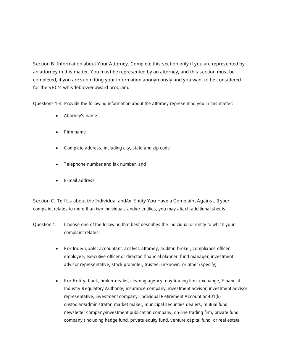 Form TCR (SEC Form 2850) Tip, Complaint or Referral, Page 9
