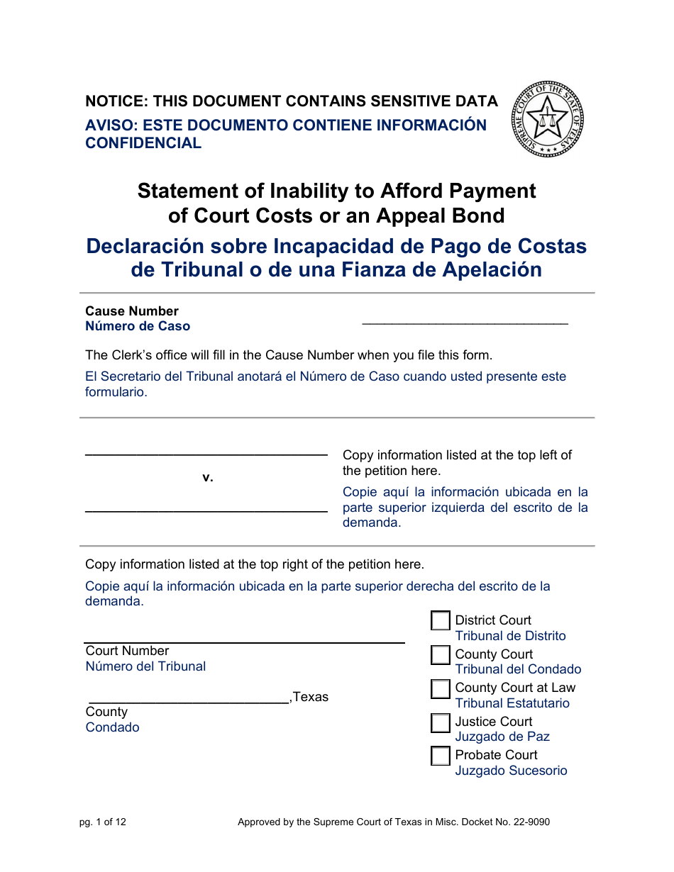 Statement of Inability to Afford Payment of Court Costs or an Appeal Bond - Texas (English / Spanish), Page 1