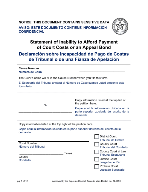 Statement of Inability to Afford Payment of Court Costs or an Appeal Bond - Texas (English / Spanish) Download Pdf