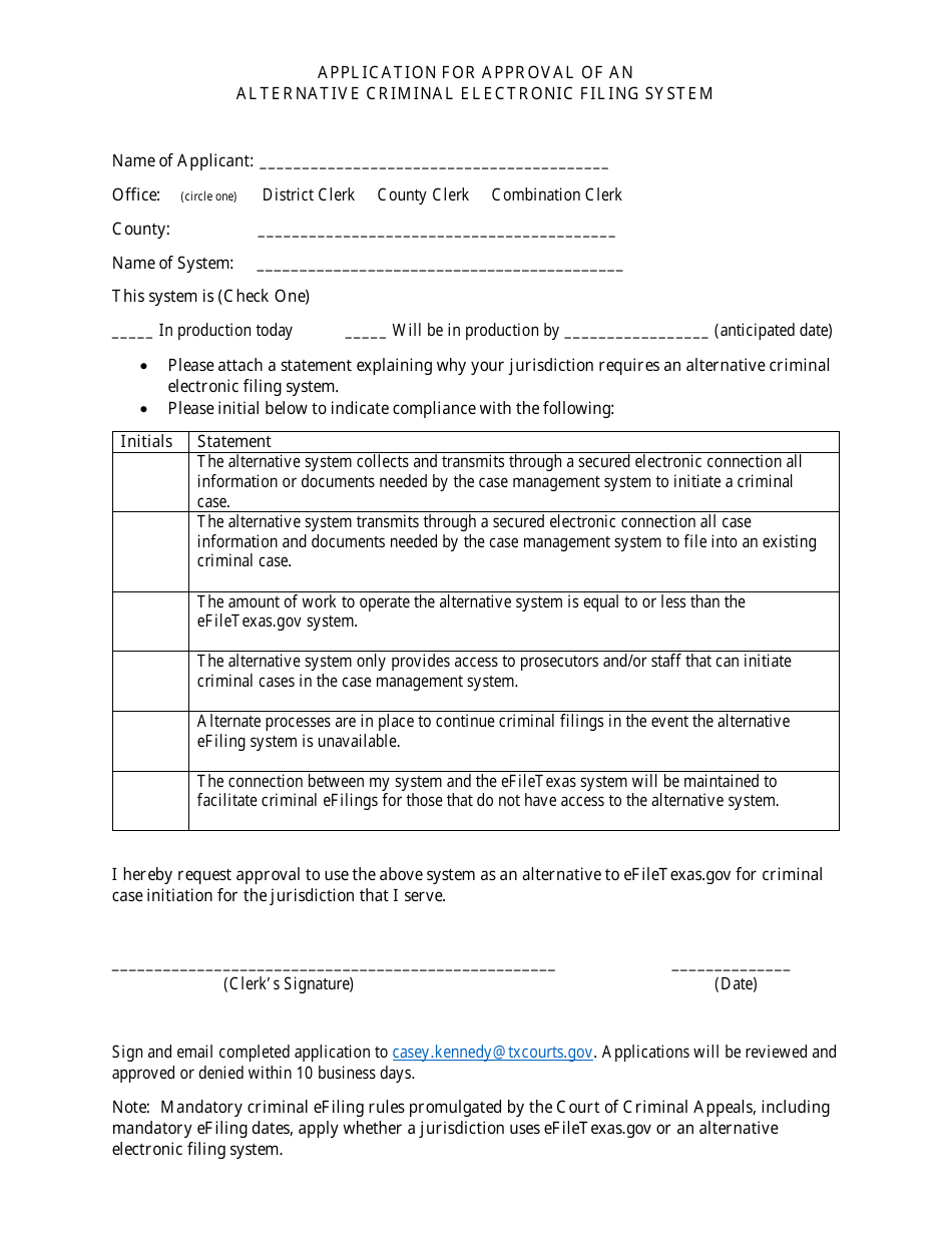 Application for Approval of an Alternative Criminal Electronic Filing System - Texas, Page 1