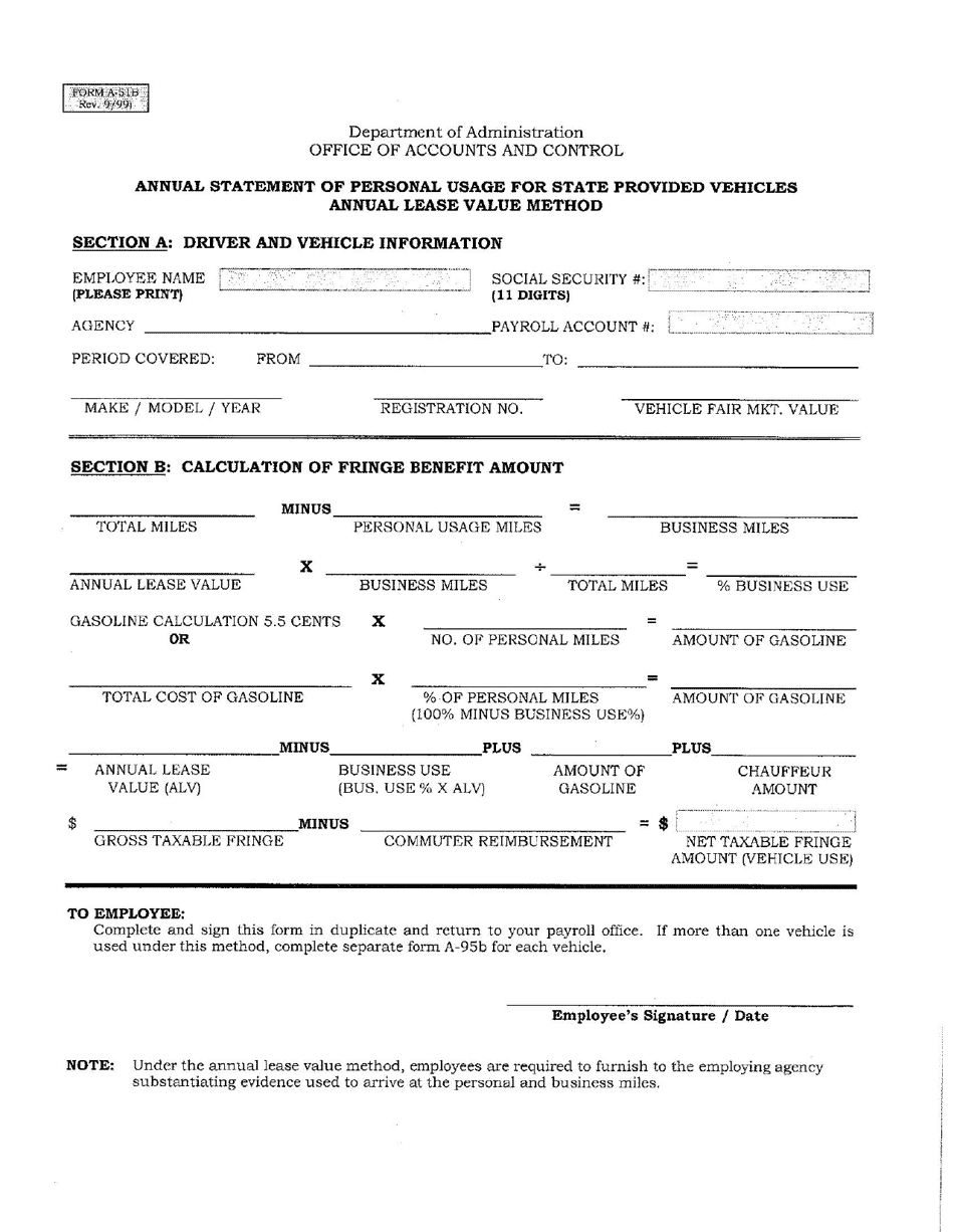 Form A-51B Annual Statement of Personal Usage for State Vehicles - Annual Lease Value Method - Rhode Island, Page 1