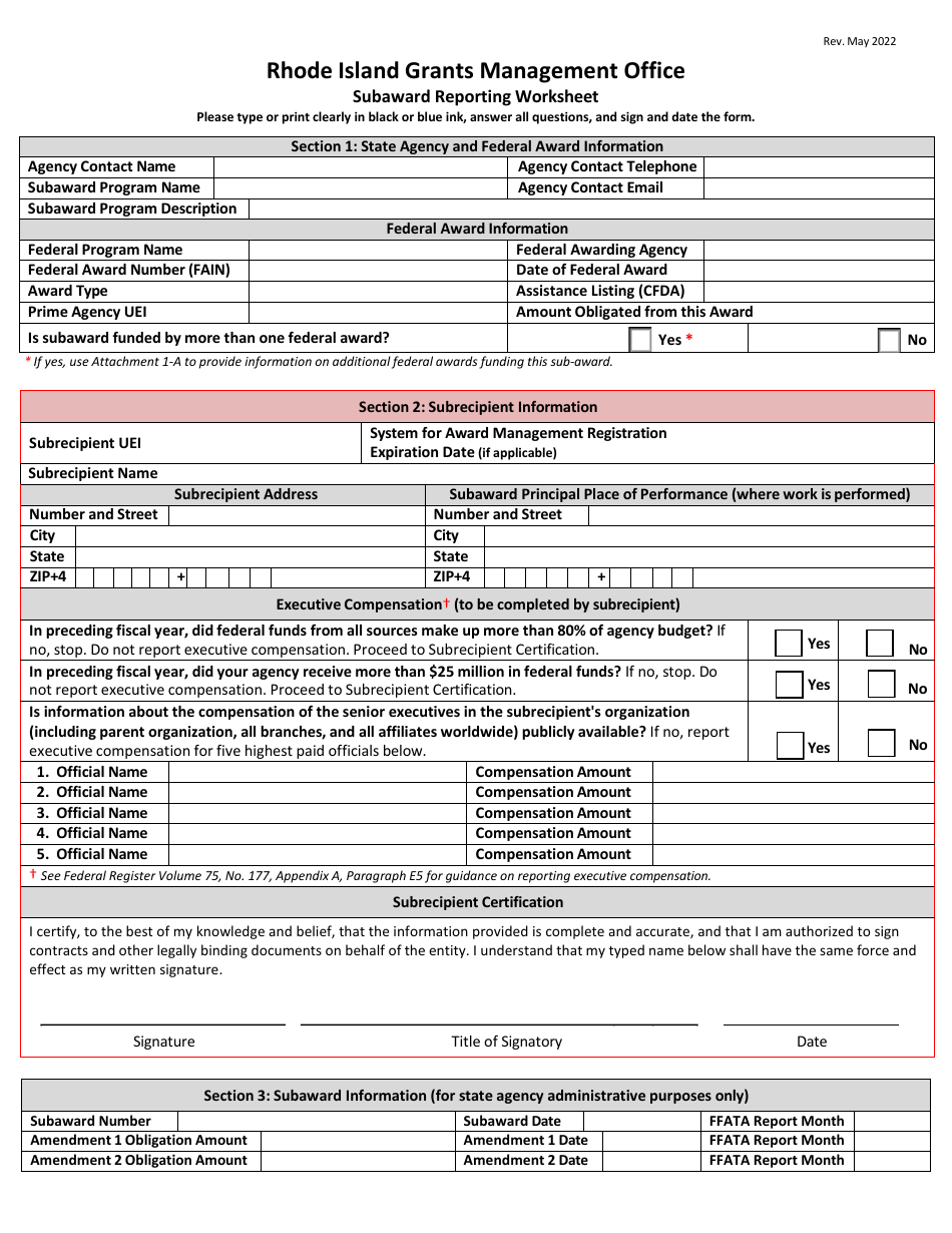 Subaward Reporting Worksheet - Rhode Island, Page 1