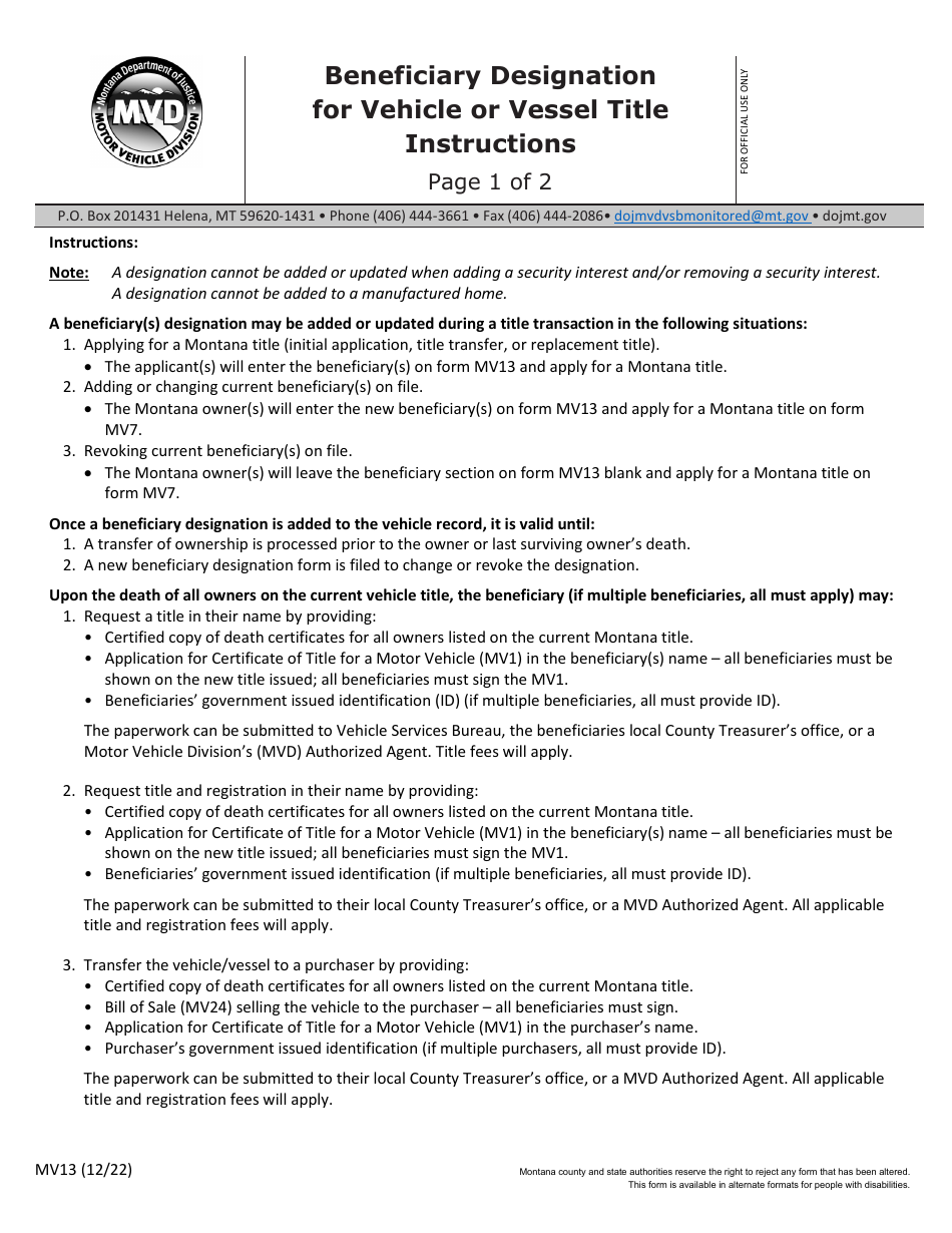 Form MV13 Download Fillable PDF or Fill Online Beneficiary Designation ...