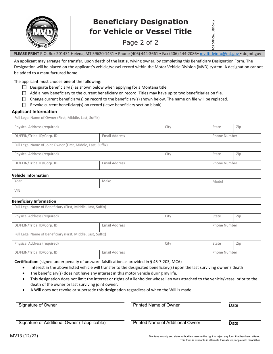 Form MV13 Download Fillable PDF or Fill Online Beneficiary Designation for Vehicle or Vessel