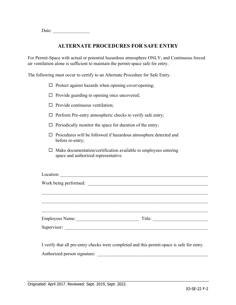 Alternate Procedures for Safe Entry - Iowa, Page 1