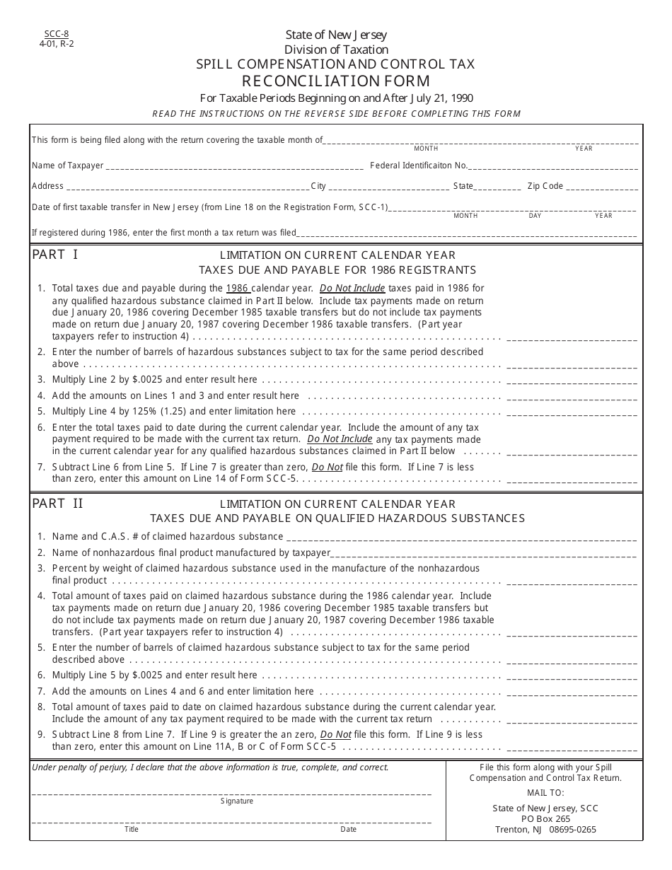 Form SCC-8 Spill Compensation and Control Tax Reconciliation Form - New Jersey, Page 1