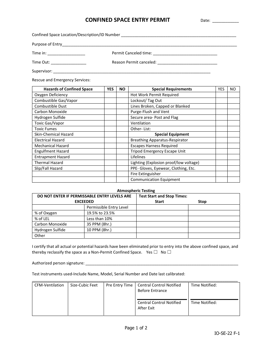 Confined Space Entry Permit - Iowa, Page 1
