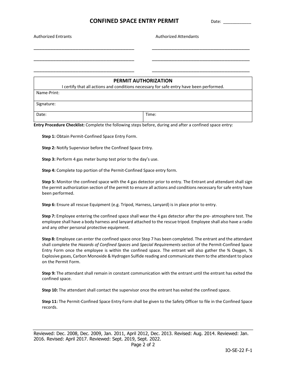 Confined Space Entry Permit - Iowa, Page 2