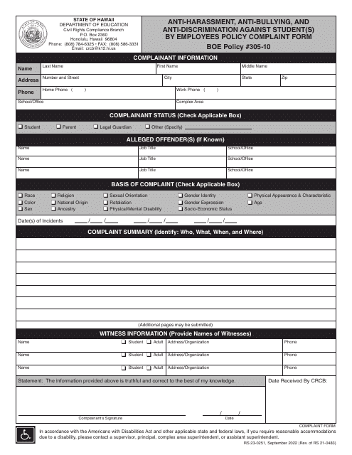 Anti-harassment, Anti-bullying, and Anti-discrimination Against Student(S) by Employees Policy Complaint Form - Hawaii Download Pdf