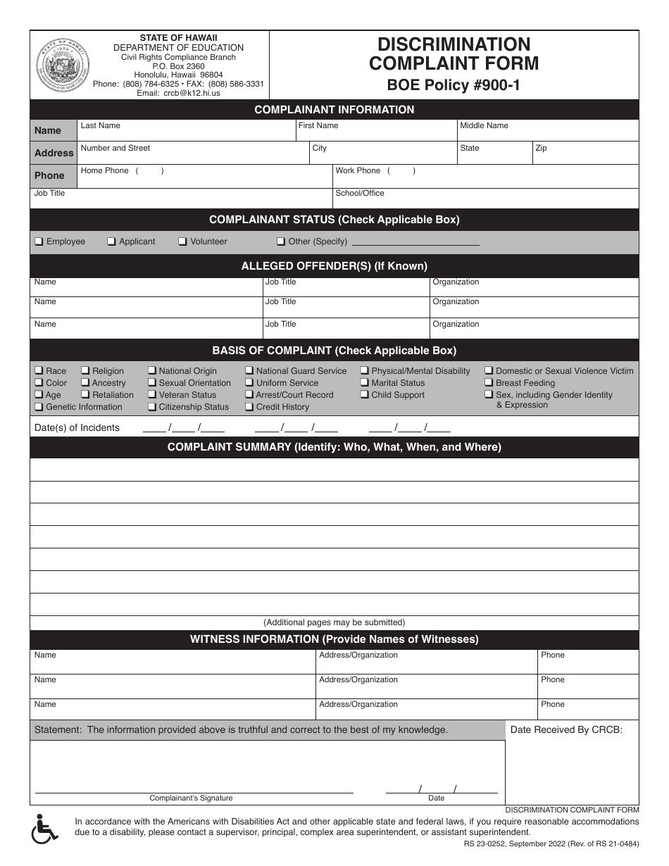 Discrimination Complaint Form - Hawaii, Page 1