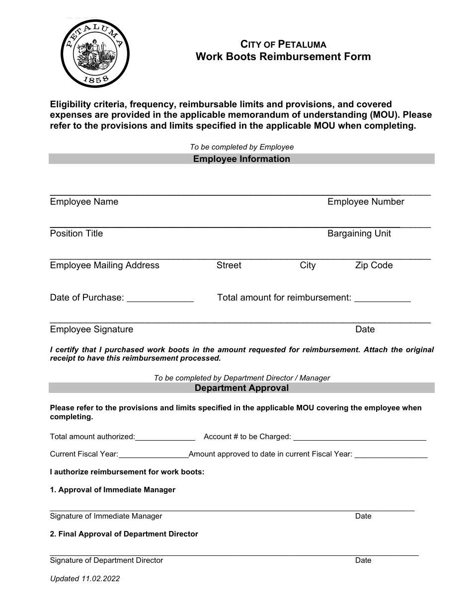 City of Petaluma, California Work Boots Reimbursement Form Download ...