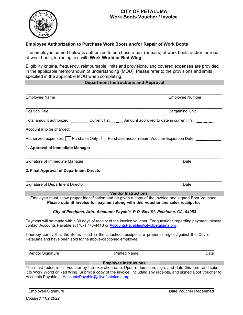 City of Petaluma, California Work Boots Voucher/Invoice Download