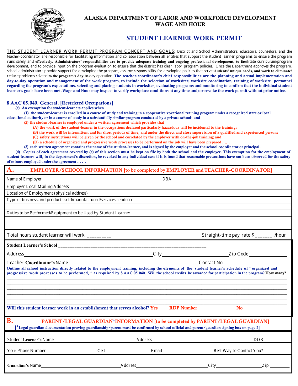 Student Learner Work Permit - Alaska, Page 1