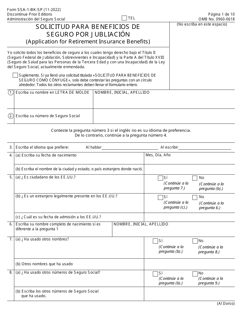 Formulario SSA-1-BK-SP Solicitud Para Beneficios De Seguro Por Jubliacion (Spanish), Page 1