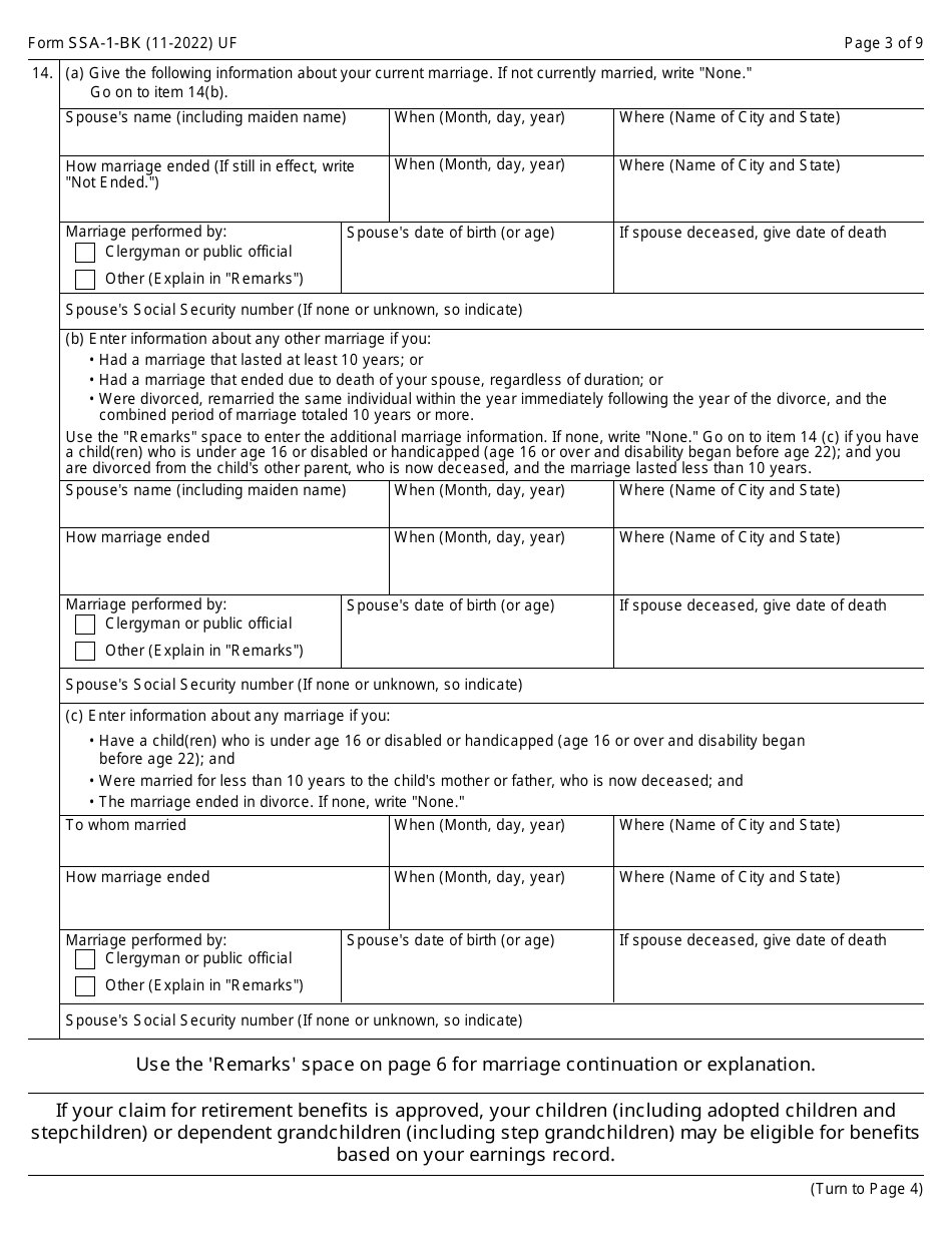 Form SSA-1-BK Application for Retirement Insurance Benefits, Page 3