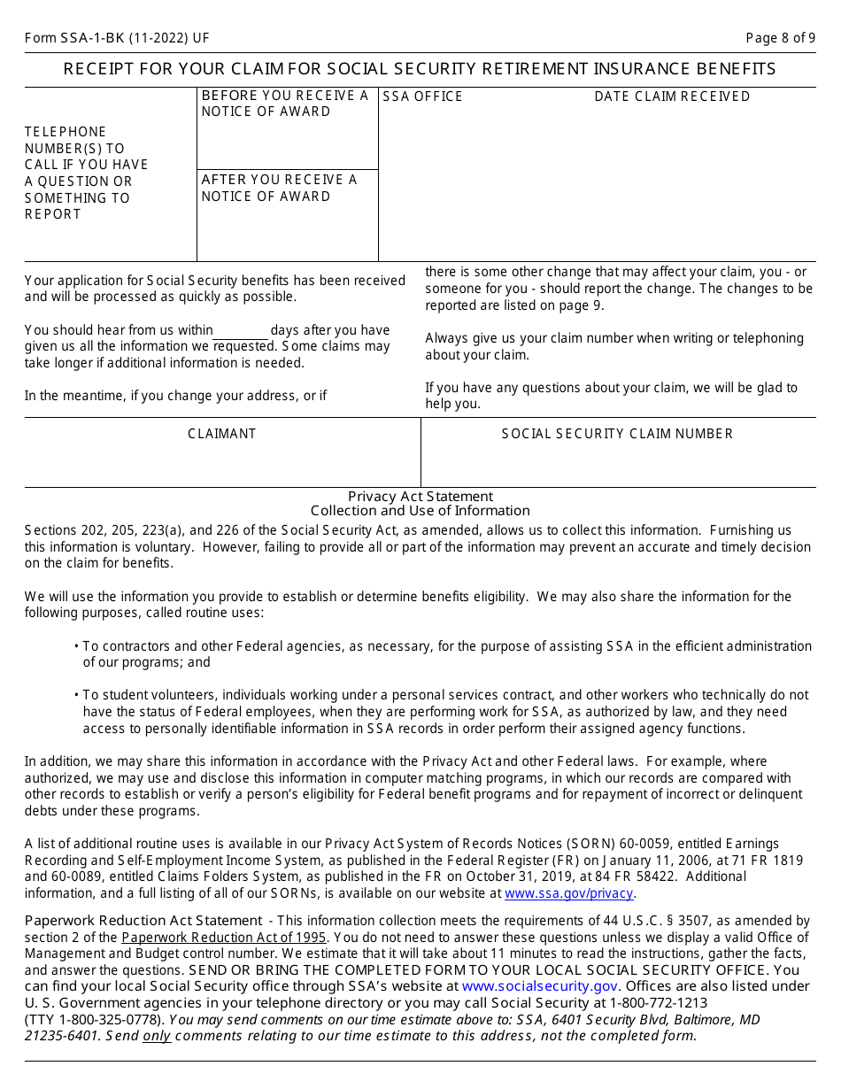 Form SSA-1-BK Application for Retirement Insurance Benefits, Page 8