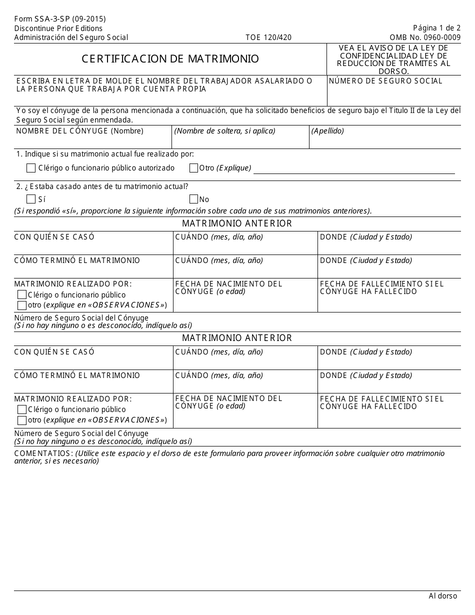 Formulario SSA-3-SP Certificacion De Matrimonio (Spanish), Page 1