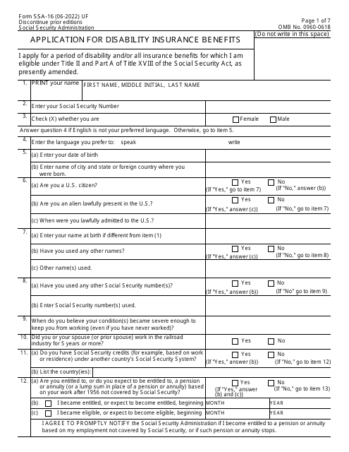 Form SSA16 Download Fillable PDF or Fill Online Application for