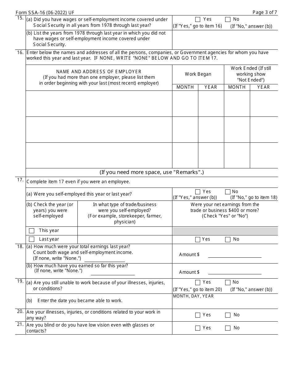 Form SSA-16 Application for Disability Insurance Benefits, Page 3