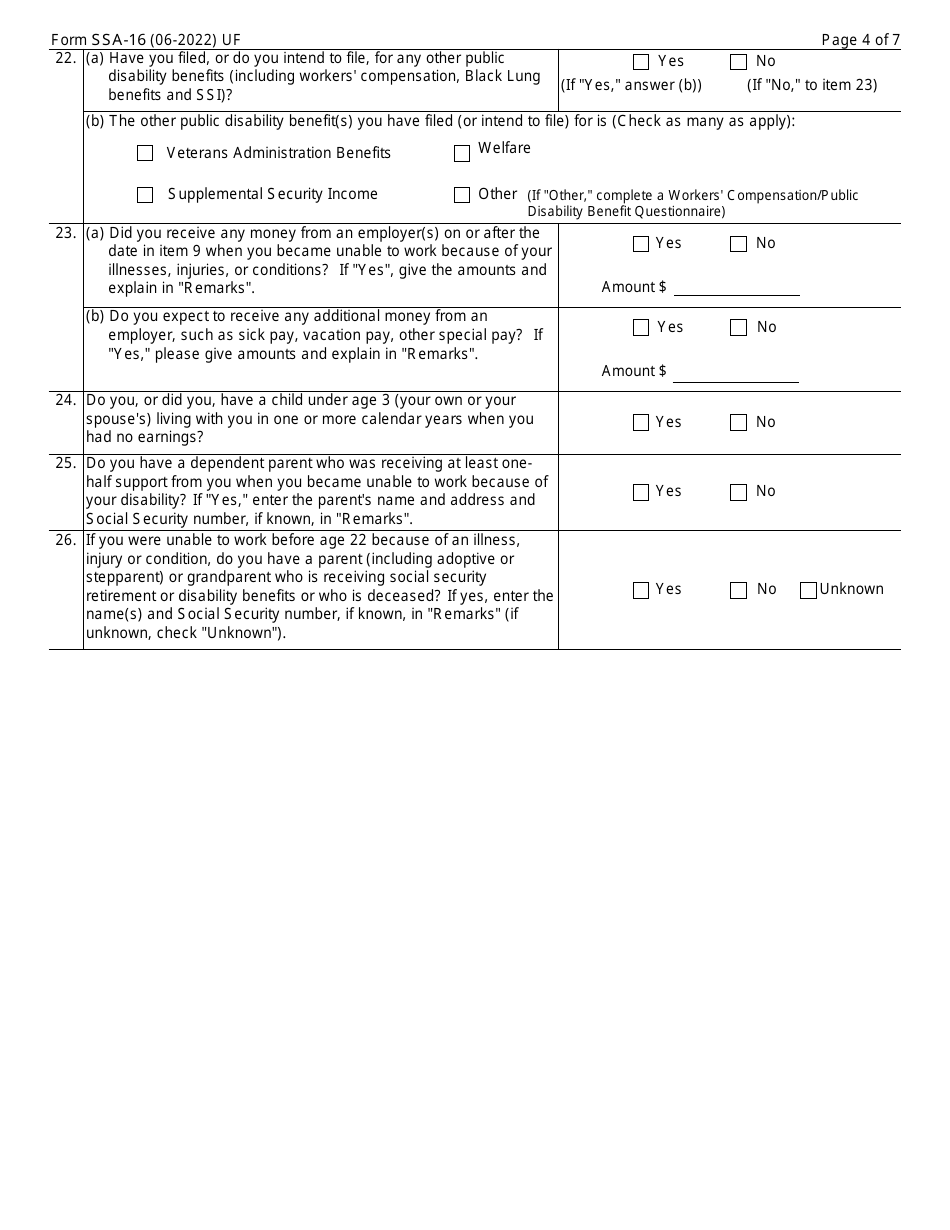 Form SSA-16 Application for Disability Insurance Benefits, Page 4