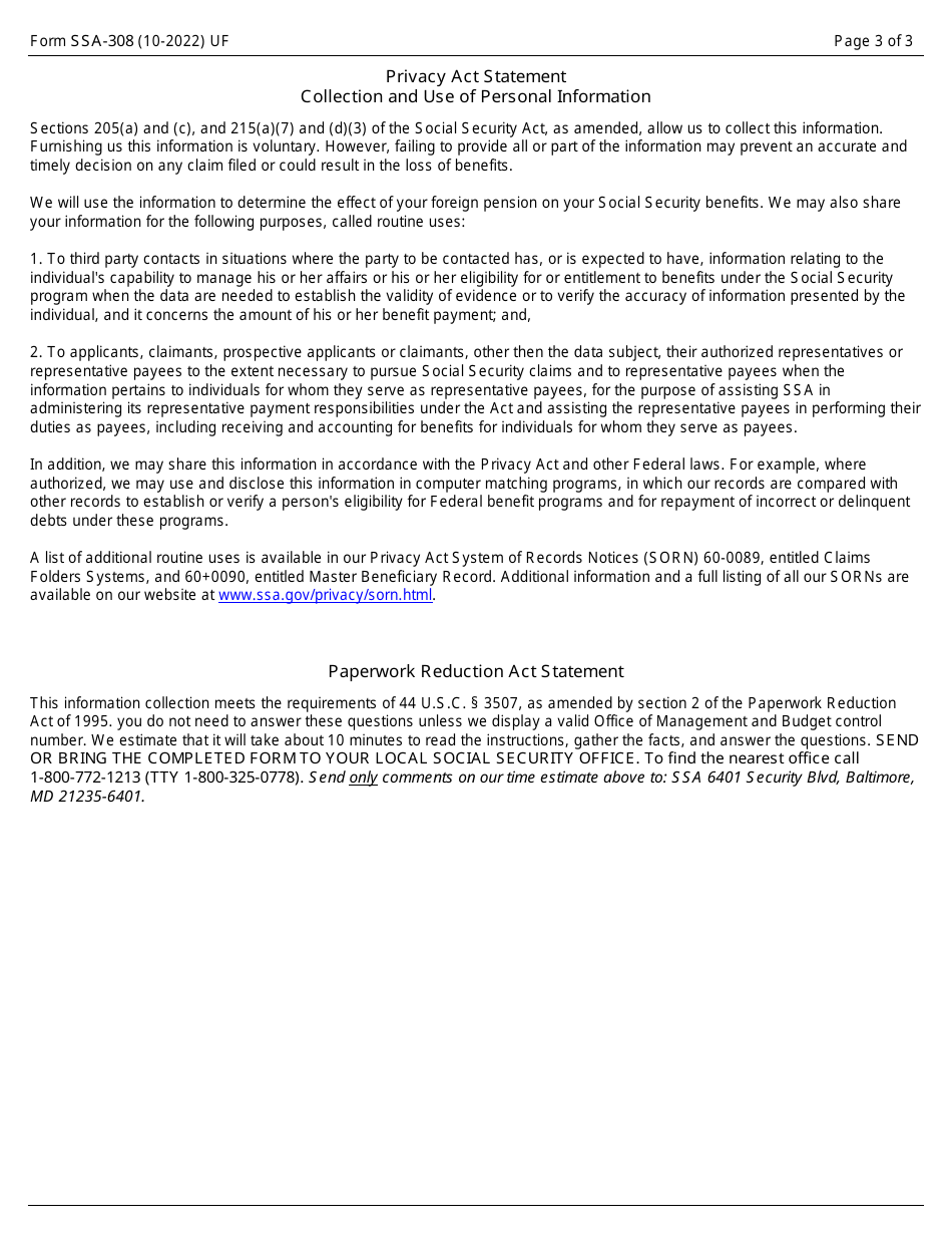 Form SSA-308 Modified Benefit Formula Questionnaire - Foreign Pension, Page 3