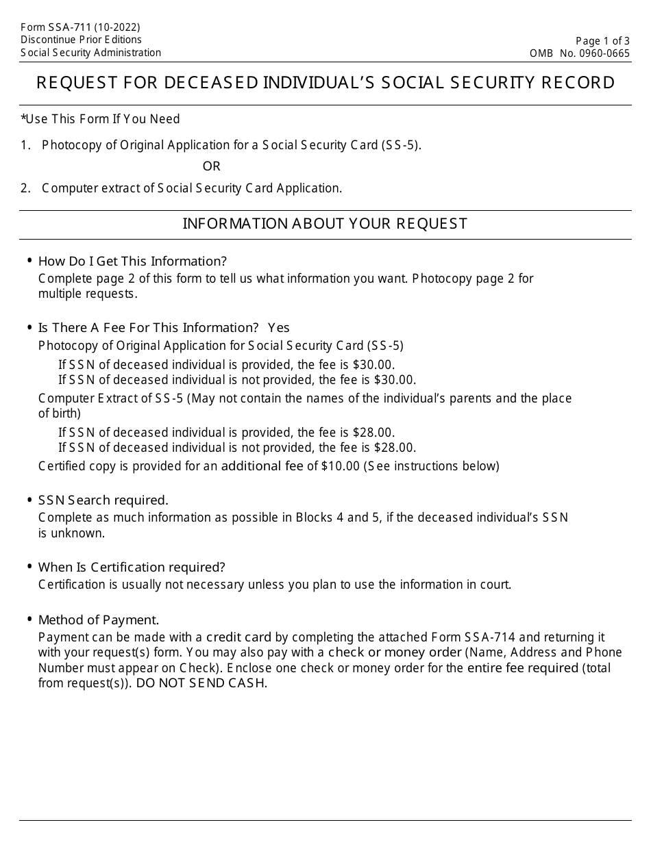 Form SSA-711 Request for Deceased Individuals Social Security Record, Page 1