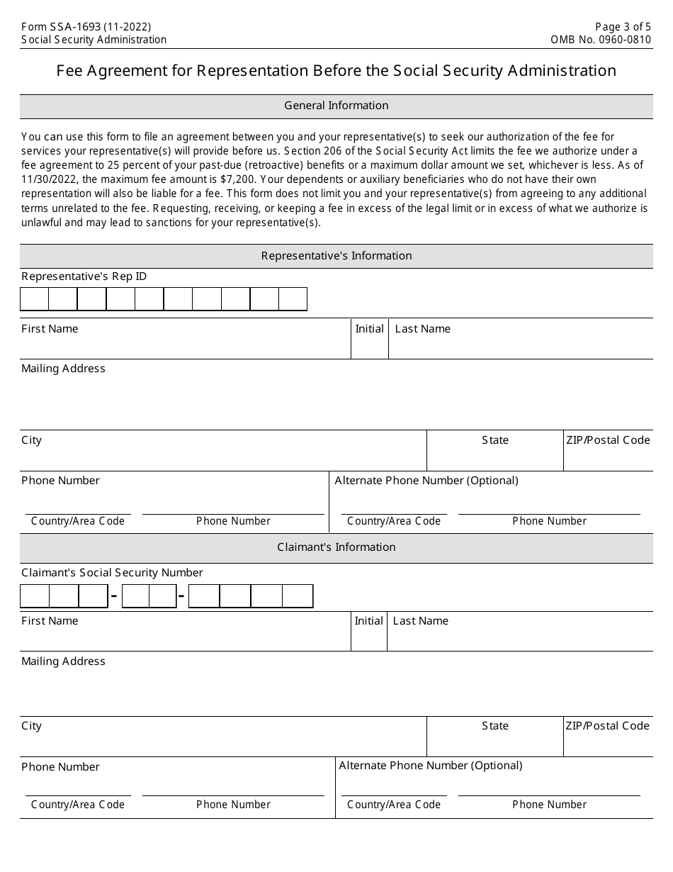 Form SSA-1693 Download Fillable PDF or Fill Online Fee Agreement for ...