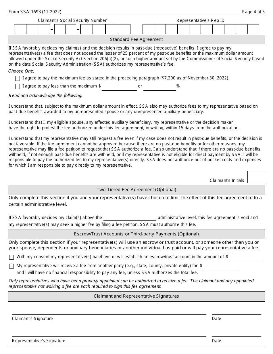 Form SSA-1693 Fee Agreement for Representation Before the Social Security Administration, Page 4