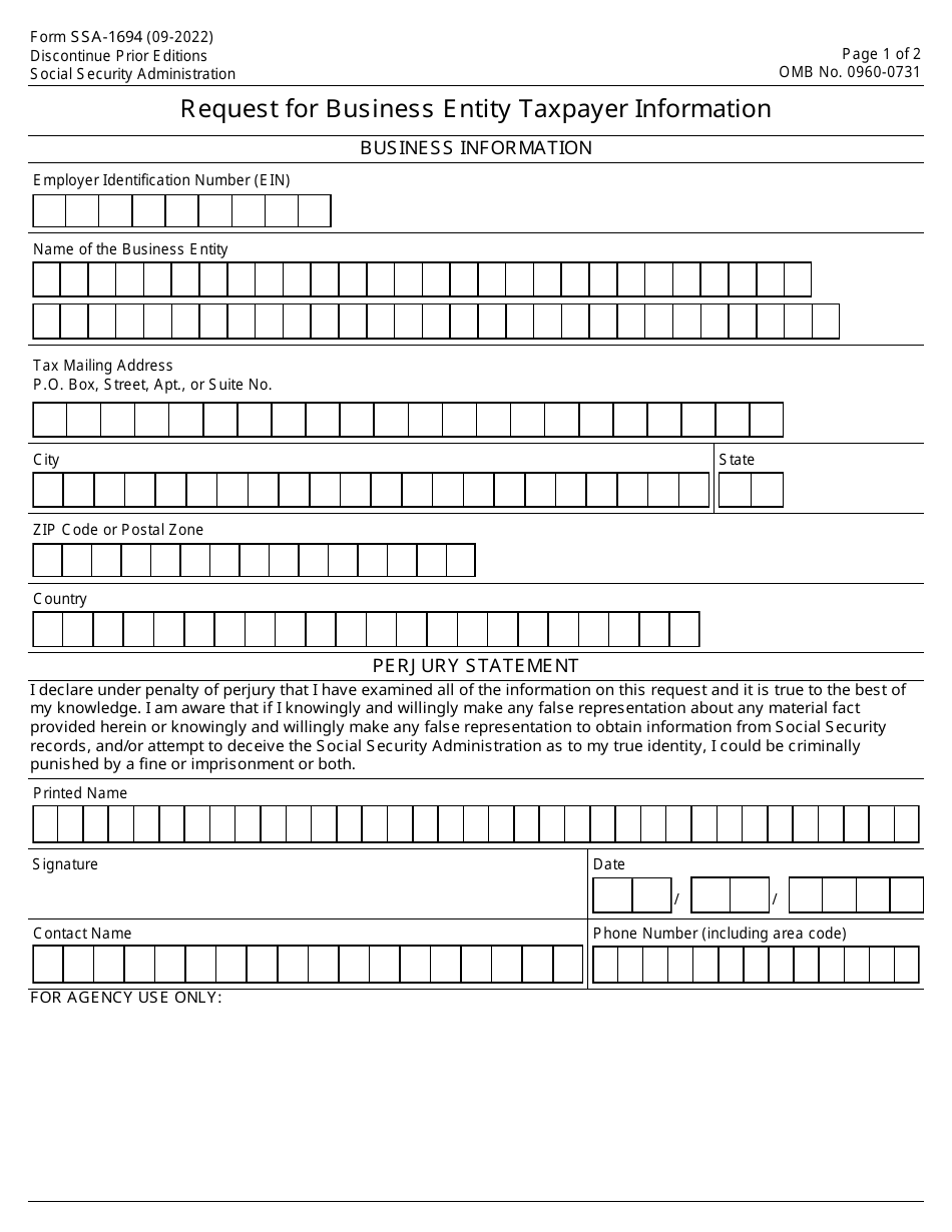 Form SSA-1694 Request for Business Entity Taxpayer Information, Page 1