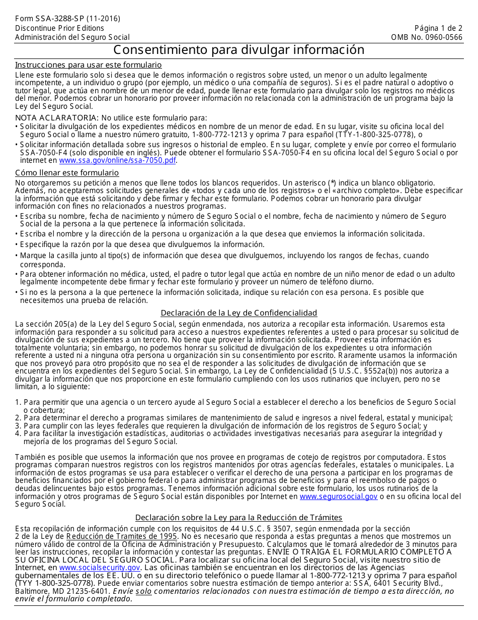 Formulario SSA-3288-SP Consentimiento Para Divulgar Informacion (Spanish), Page 1