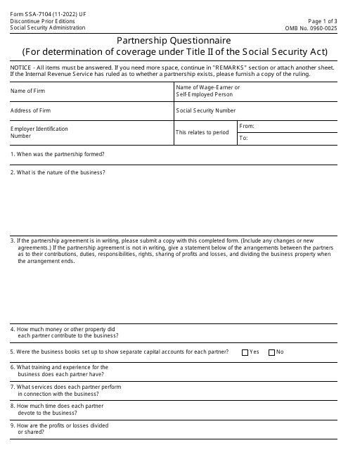 Form SSA-7104 Partnership Questionnaire