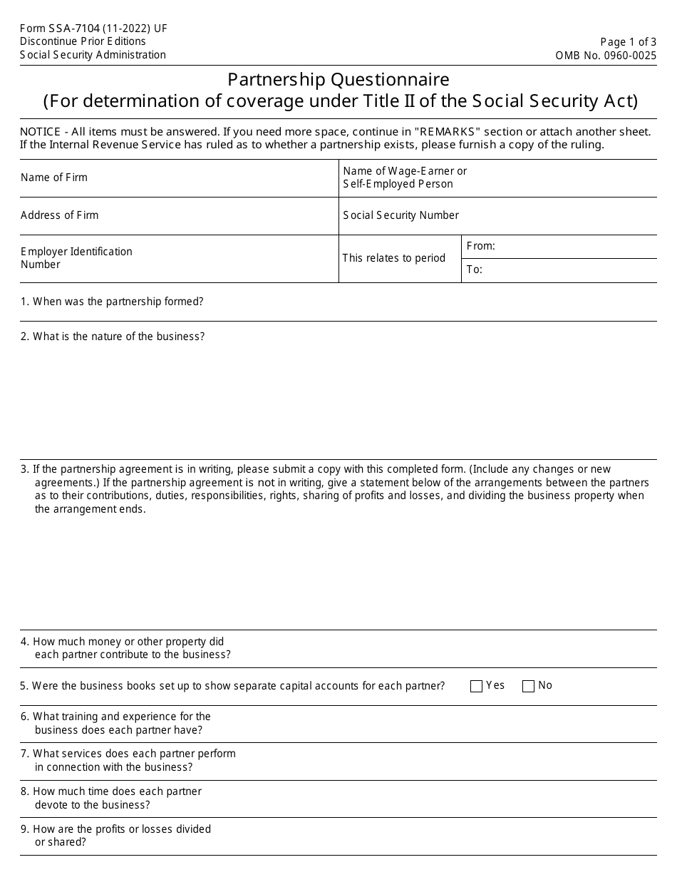 Form SSA-7104 Partnership Questionnaire, Page 1